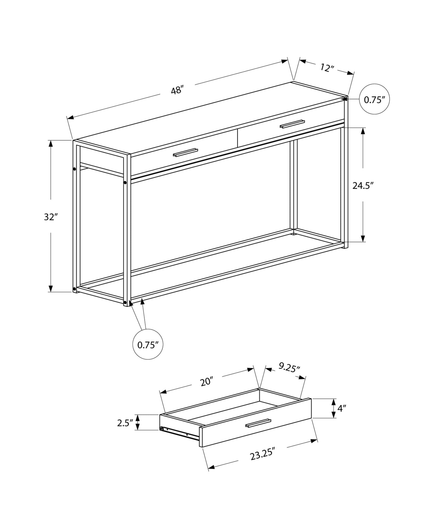 HomeRoots 12" x 48" x 32" Black Laminated Finish and Black Metal Accent Table