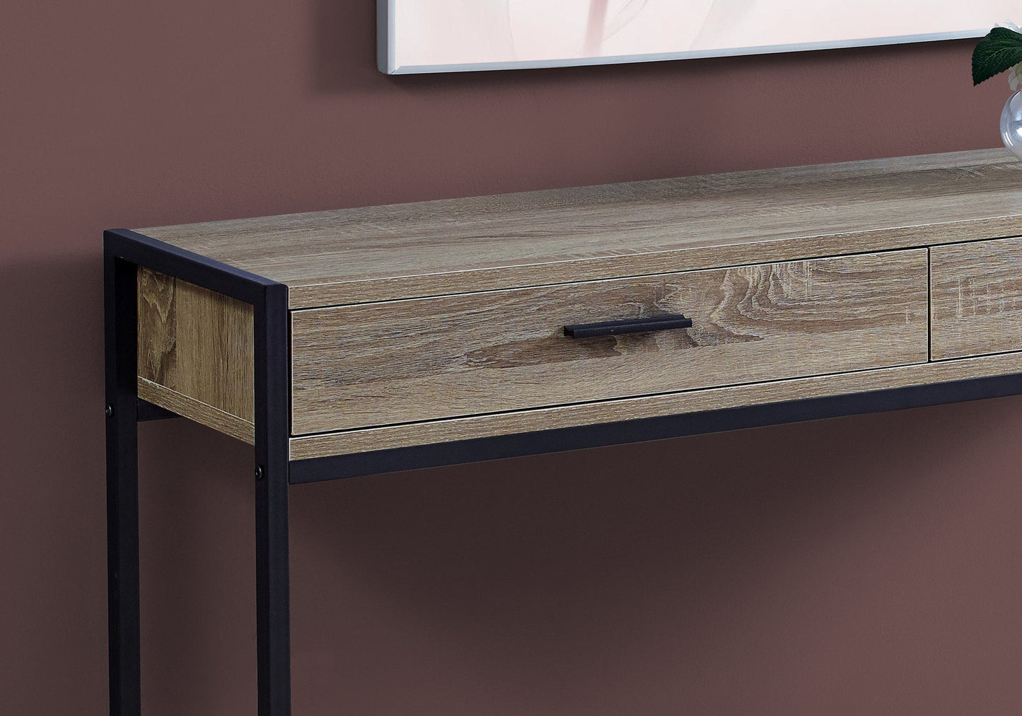 HomeRoots 12" x 48" x 32" Dark Taupe Laminated Finish and Black Metal Accent Table