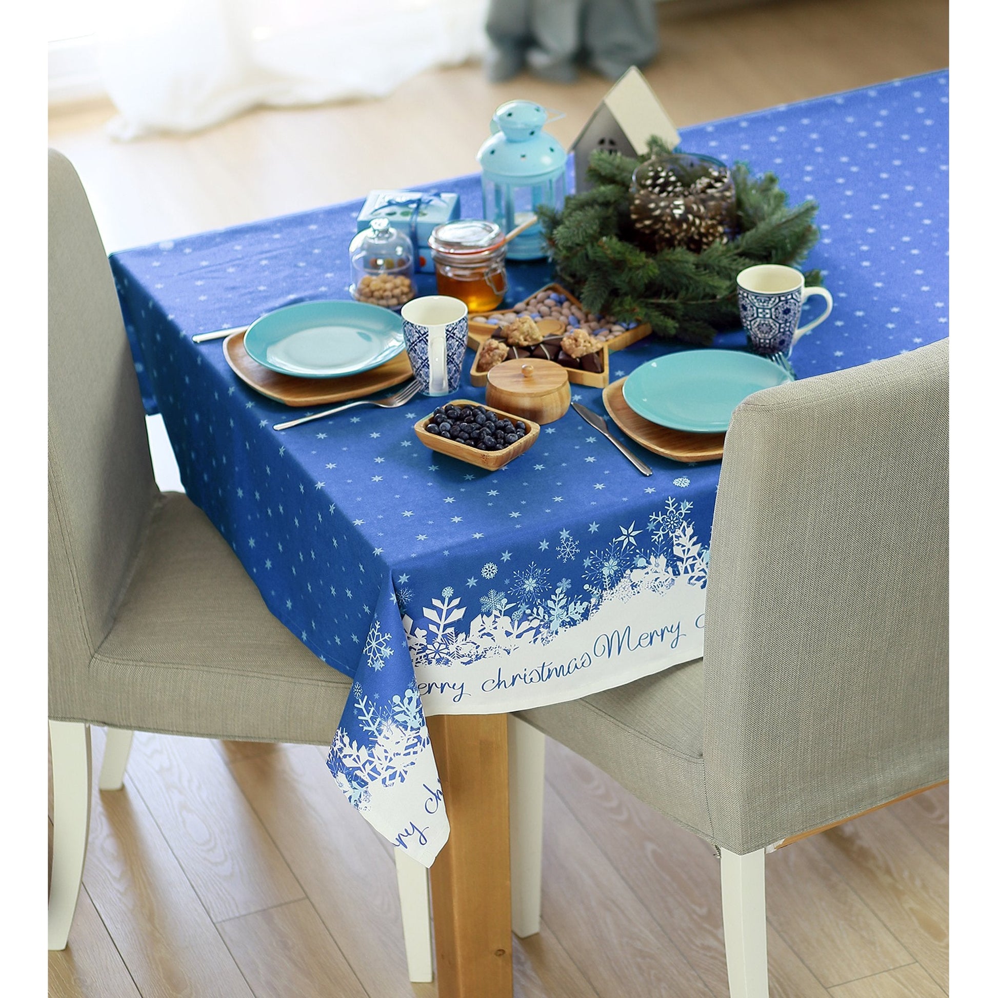 HomeRoots 120" Merry Christmas Printed Rectangle Tablecloth in Blue