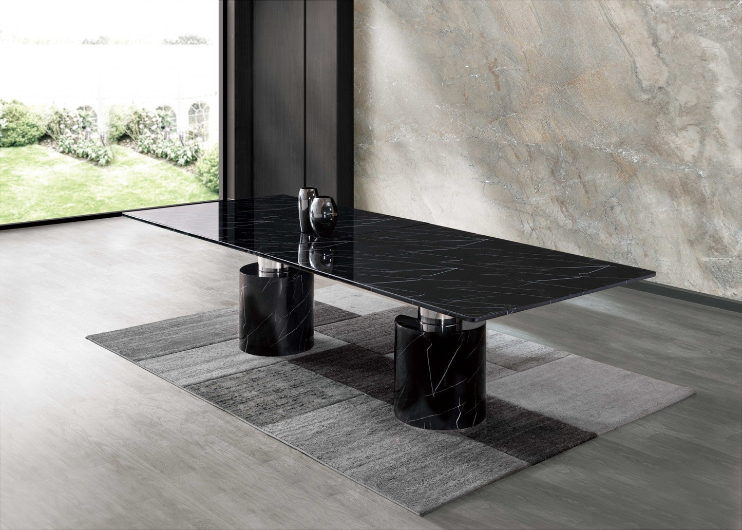 HomeRoots 120 x 48 x 30 Black Marble Stainless Steel Dining Table