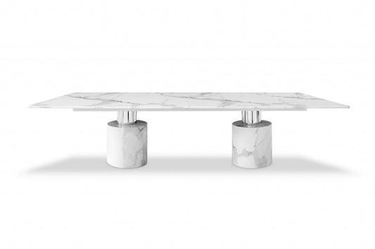 HomeRoots 120 x 48 x 30 White Marble Stainless Steel Dining Table