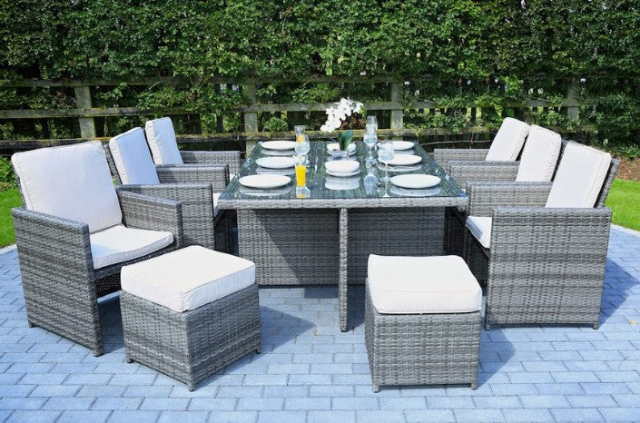 HomeRoots 129" x 76" x 46" Gray Outdoor Dining Set With Cushions in Set of Eleven