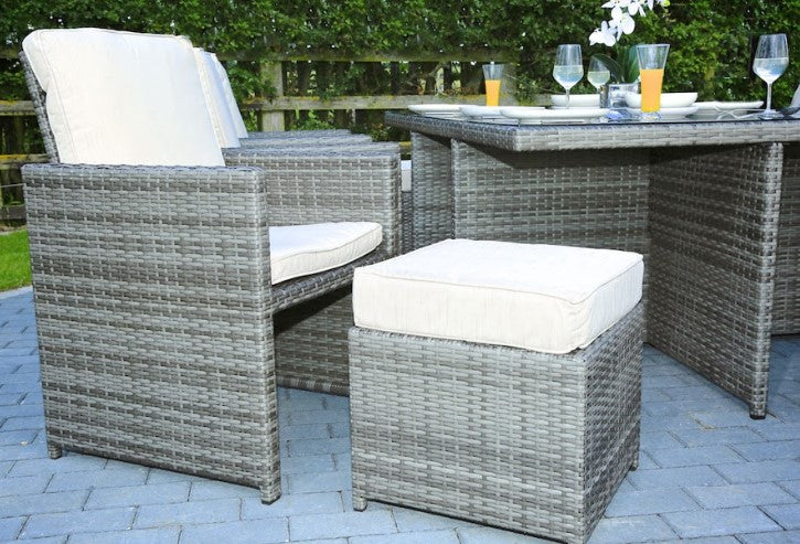 HomeRoots 129" x 76" x 46" Gray Outdoor Dining Set With Cushions in Set of Eleven