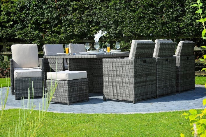 HomeRoots 129" x 76" x 46" Gray Outdoor Dining Set With Cushions in Set of Eleven