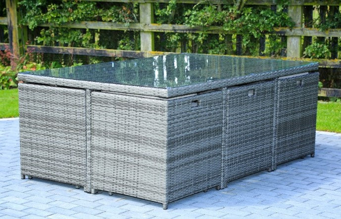 HomeRoots 129" x 76" x 46" Gray Outdoor Dining Set With Cushions in Set of Eleven