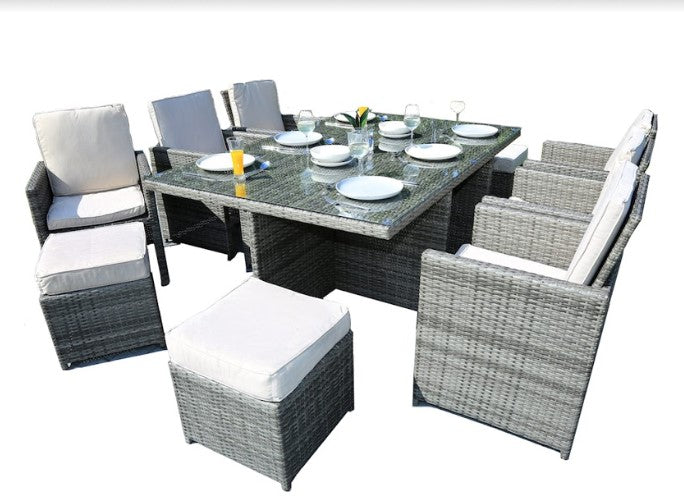 HomeRoots 129" x 76" x 46" Gray Outdoor Dining Set With Cushions in Set of Eleven