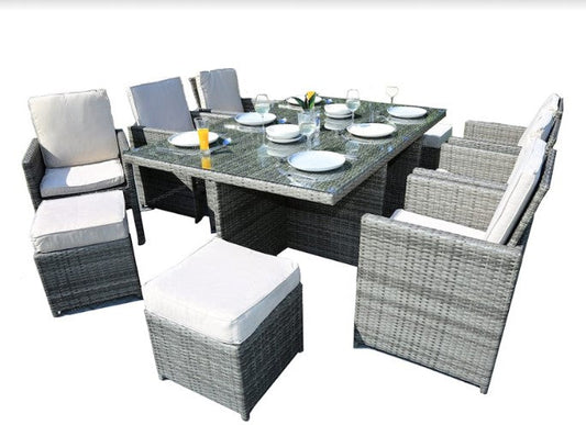 HomeRoots 129" x 76" x 46" Gray Outdoor Dining Set With Cushions in Set of Eleven