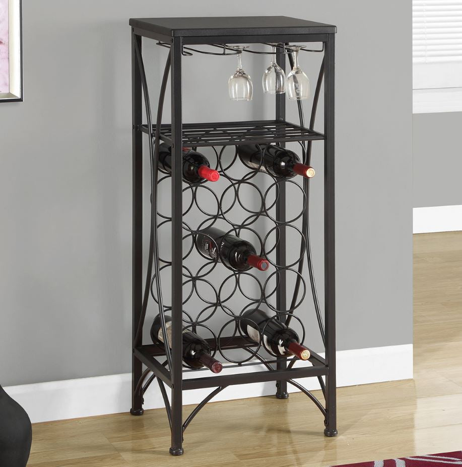 HomeRoots 12.5" x 16.25" x 40.5" Black Metal Wine Bottle and Glass Rack Home Bar