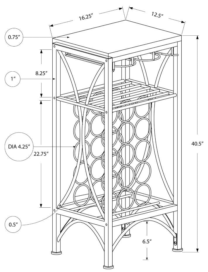 HomeRoots 12.5" x 16.25" x 40.5" Black Metal Wine Bottle and Glass Rack Home Bar