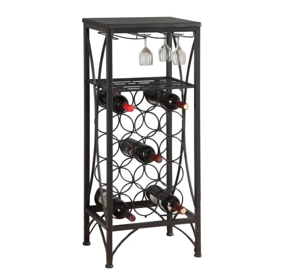 HomeRoots 12.5" x 16.25" x 40.5" Black Metal Wine Bottle and Glass Rack Home Bar