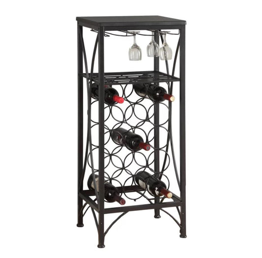HomeRoots 12.5" x 16.25" x 40.5" Black Metal Wine Bottle and Glass Rack Home Bar