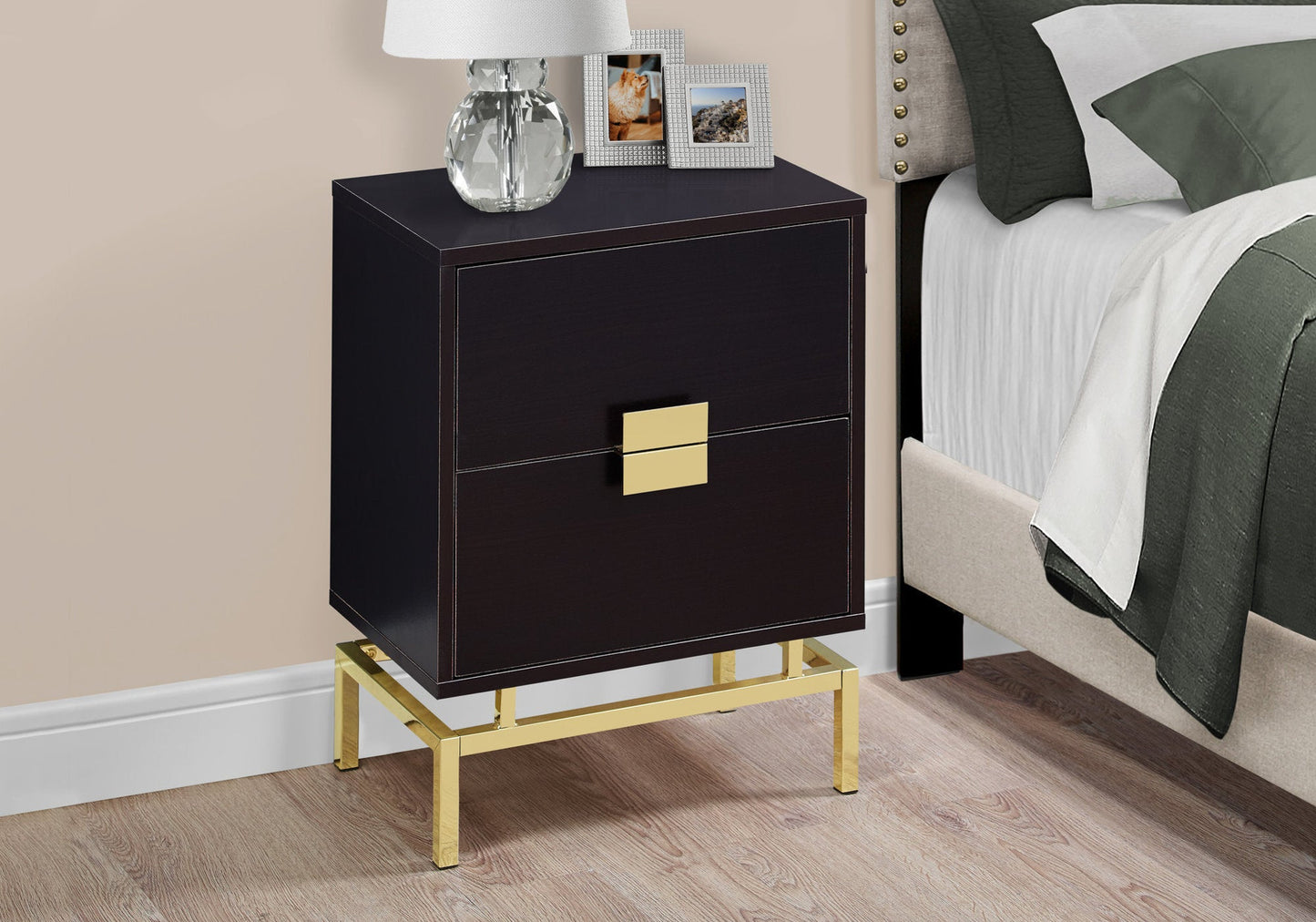 HomeRoots 12.75" x 18.25" x 23.5" Cappuccino Gold Particle Board Metal Accent Table