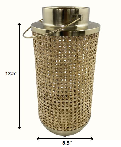 HomeRoots 13" Gold and Cane Hurricane Candle Holder