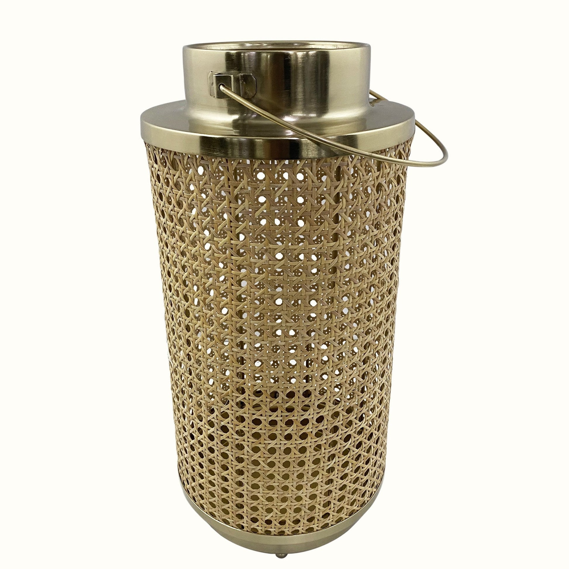 HomeRoots 13" Gold and Cane Hurricane Candle Holder