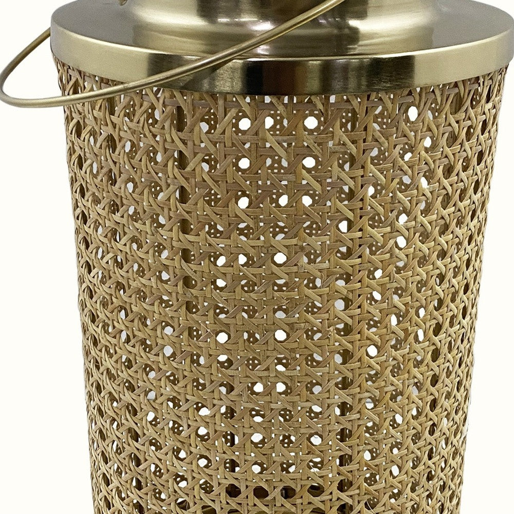 HomeRoots 13" Gold and Cane Hurricane Candle Holder