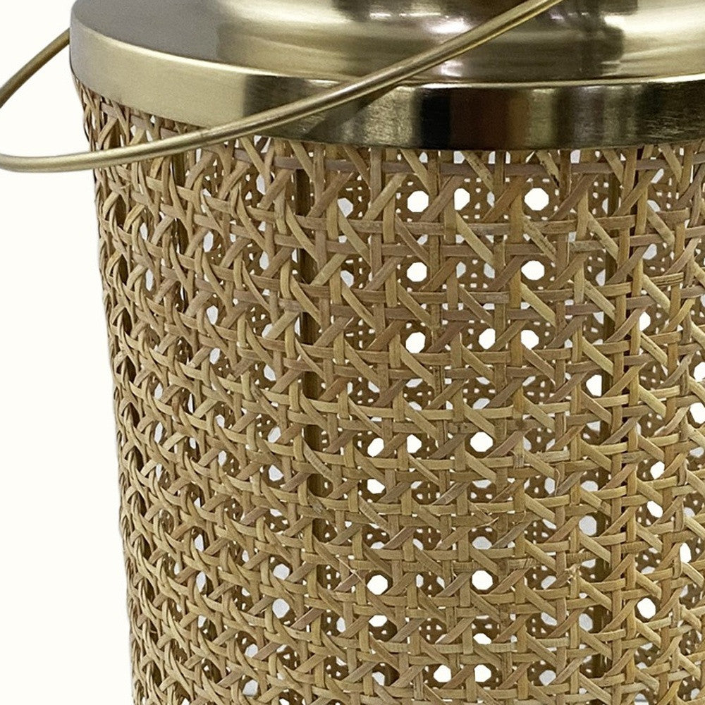HomeRoots 13" Gold and Cane Hurricane Candle Holder