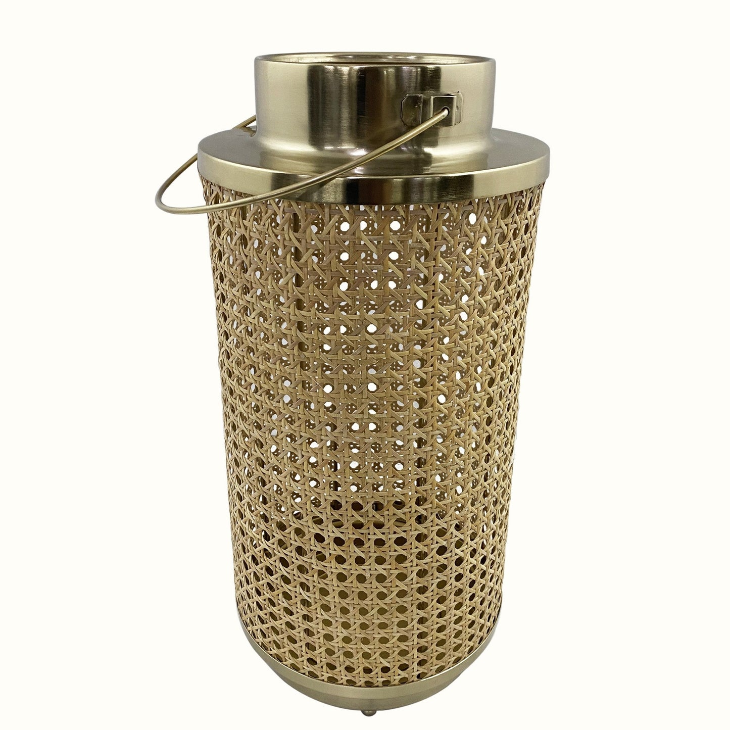 HomeRoots 13" Gold and Cane Hurricane Candle Holder