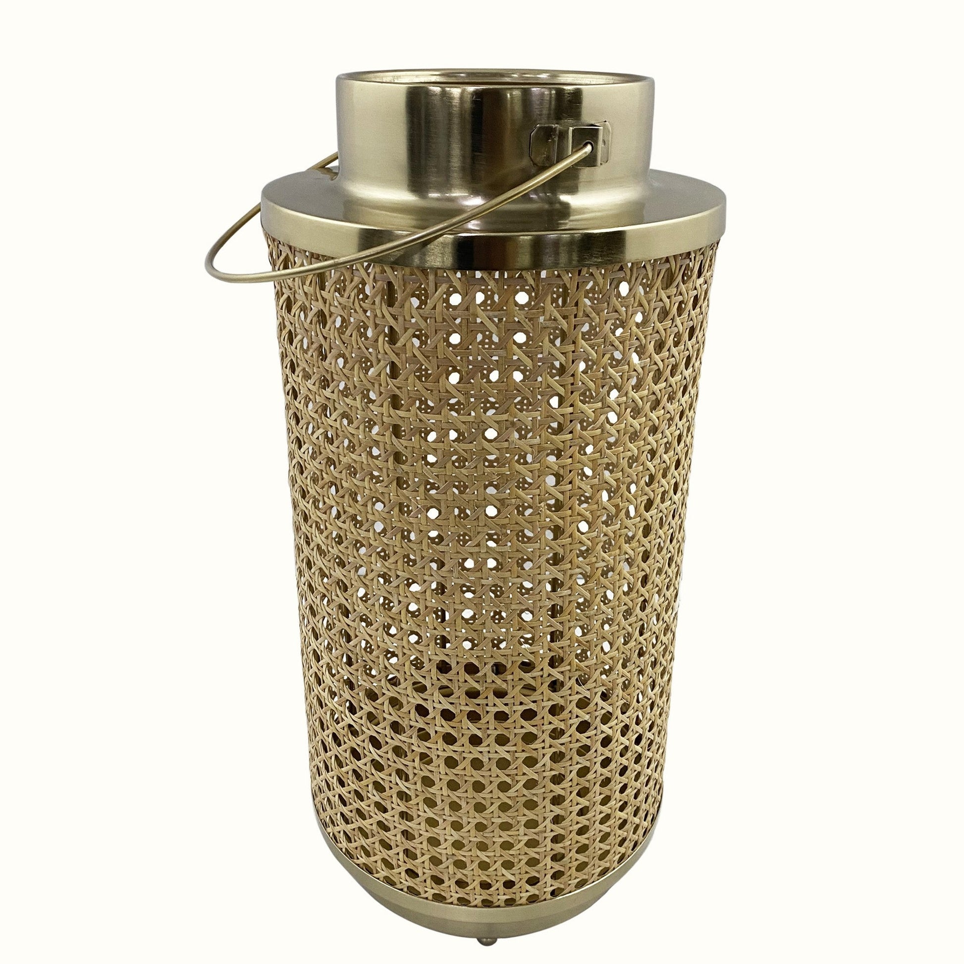 HomeRoots 13" Gold and Cane Hurricane Candle Holder