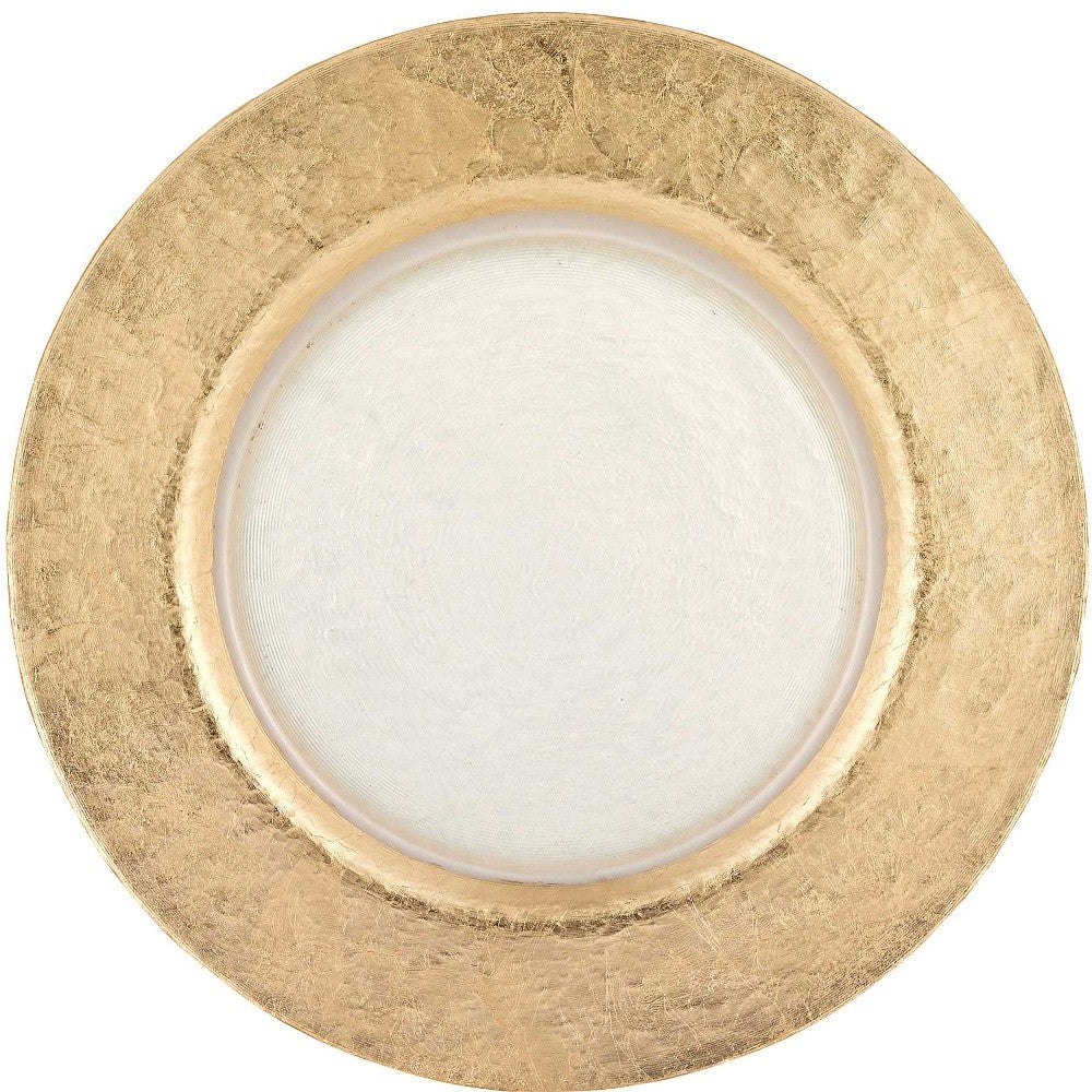 HomeRoots 13" Hand Crafted Gold Glass Authentic Leaf Round Charger Plate