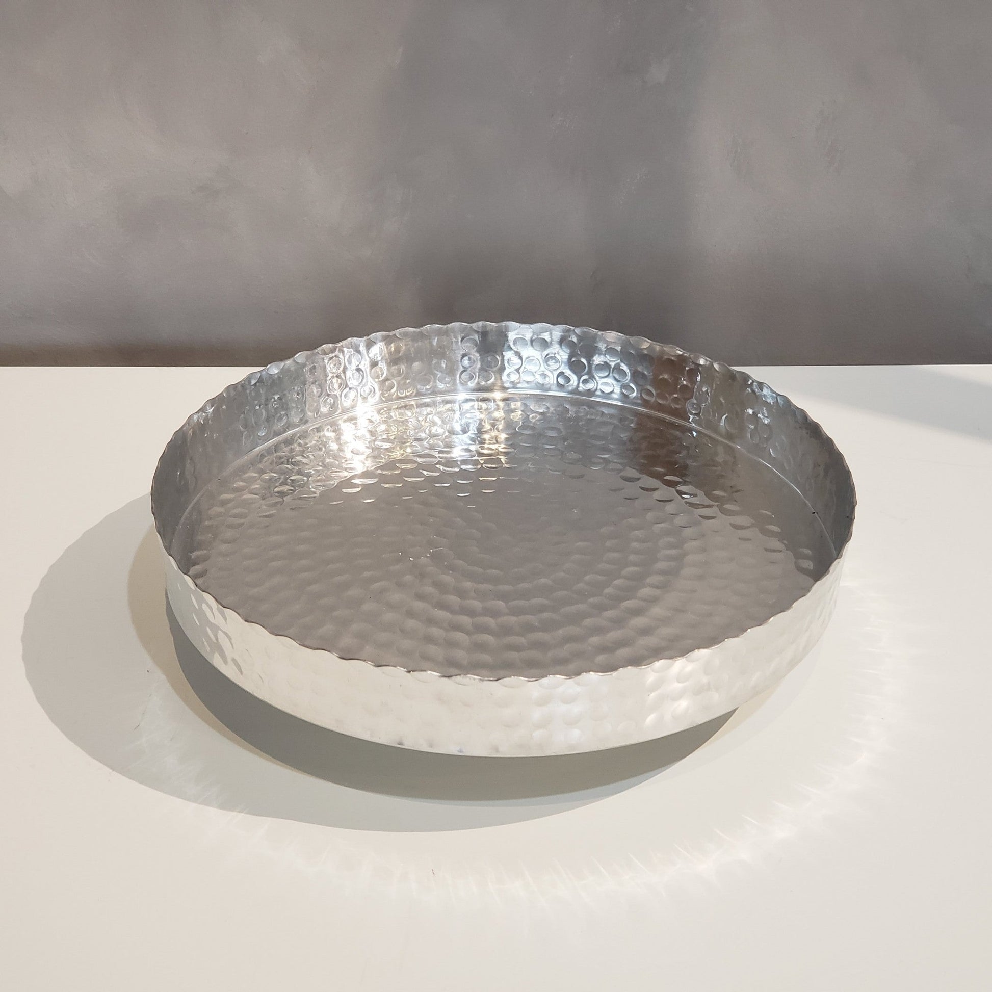 HomeRoots 13" Handcrafted Stainless Steel Round Tray With Hammered Finish