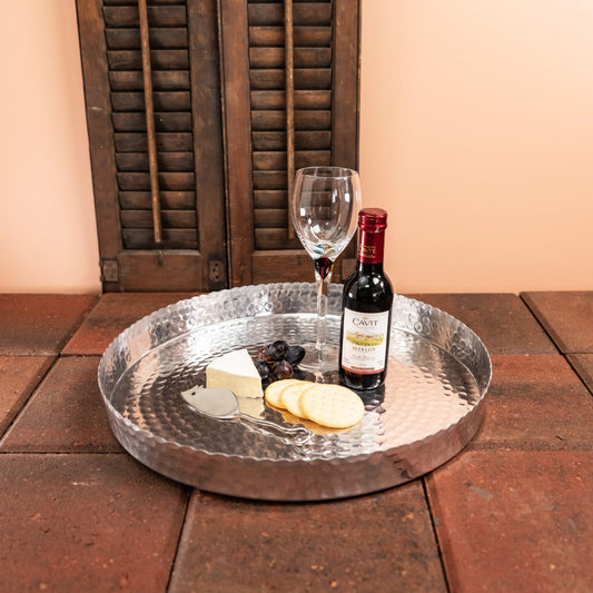 HomeRoots 13" Handcrafted Stainless Steel Round Tray With Hammered Finish