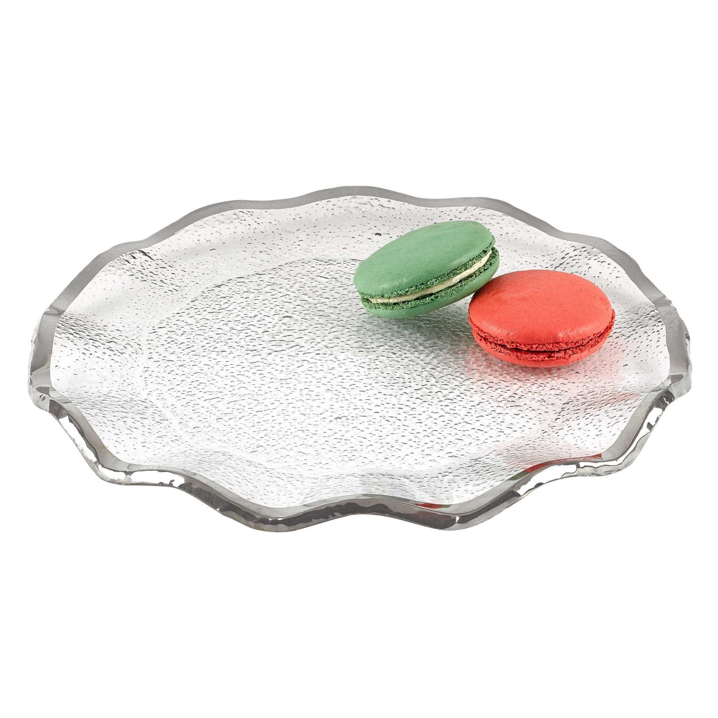 HomeRoots 13" Mouth Blown Platter or Charger With Wavy Silver Edge Finish