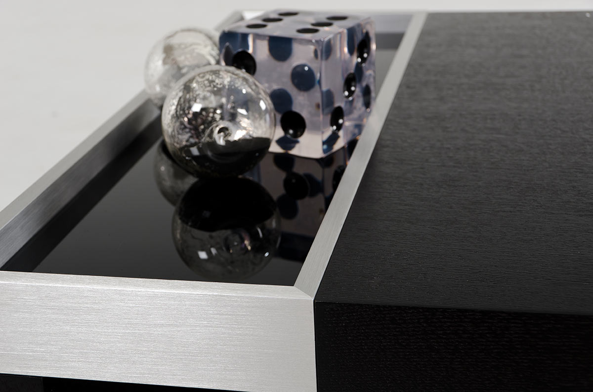 HomeRoots 13" Veneer Glass and Aluminum Coffee Table in Black Oak Finish