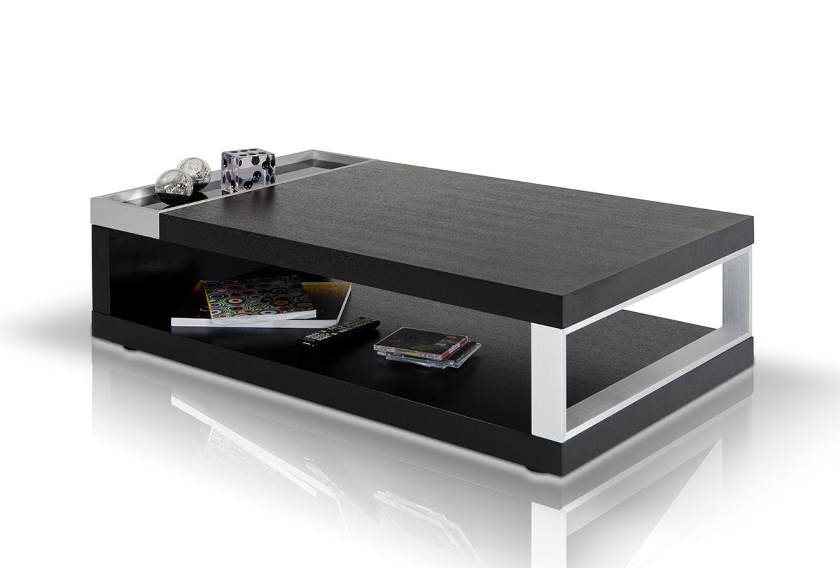 HomeRoots 13" Veneer Glass and Aluminum Coffee Table in Black Oak Finish