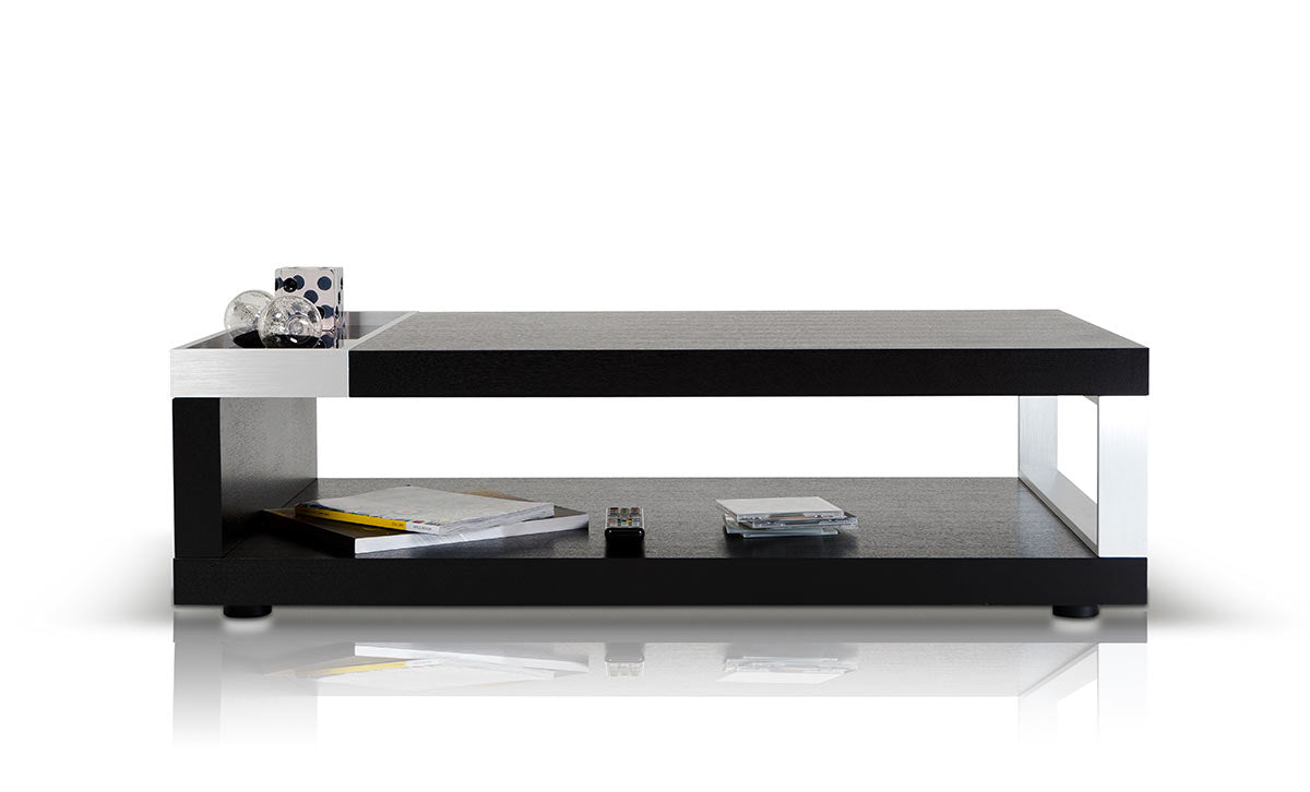 HomeRoots 13" Veneer Glass and Aluminum Coffee Table in Black Oak Finish