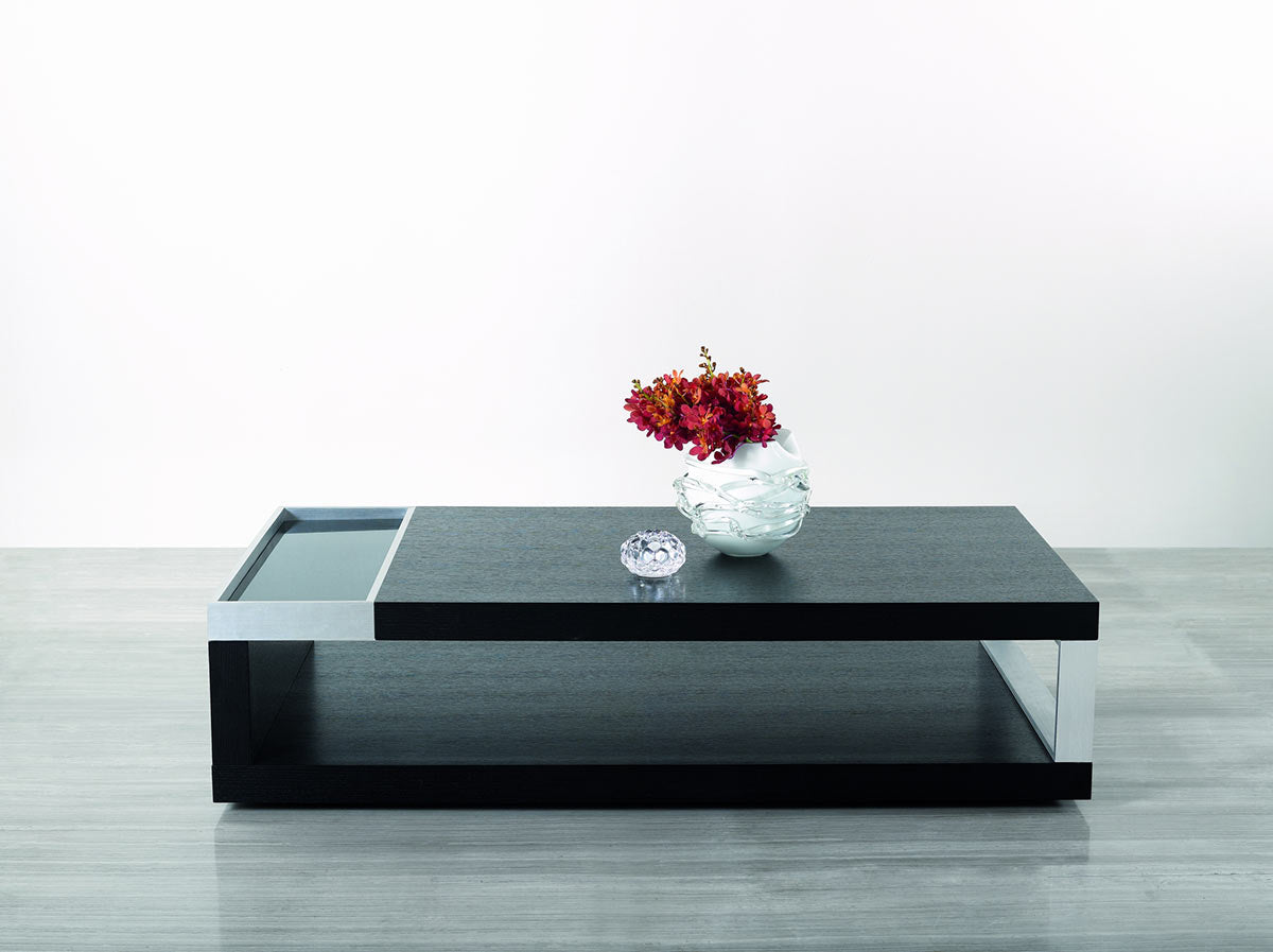 HomeRoots 13" Veneer Glass and Aluminum Coffee Table in Black Oak Finish