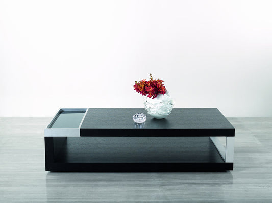 HomeRoots 13" Veneer Glass and Aluminum Coffee Table in Black Oak Finish