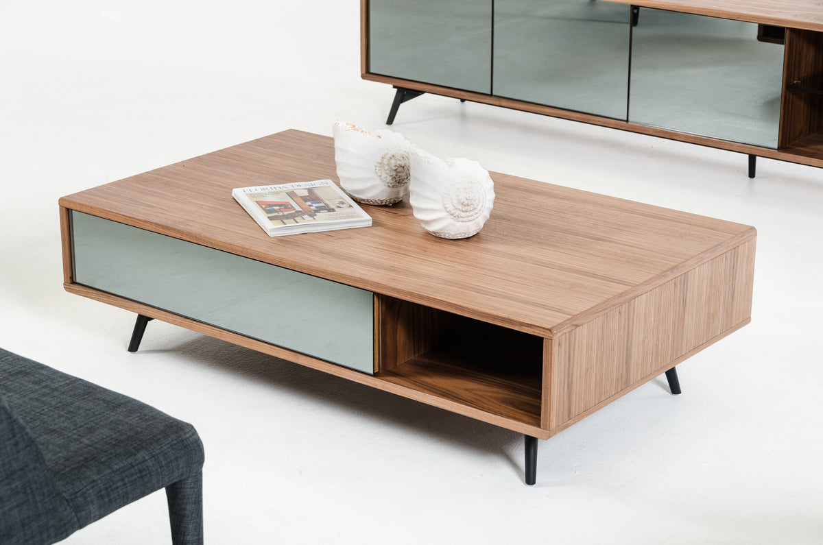 HomeRoots 13" Veneer Metal and Glass Coffee Table in Walnut Finish