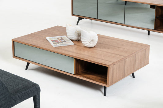 HomeRoots 13" Veneer Metal and Glass Coffee Table in Walnut Finish