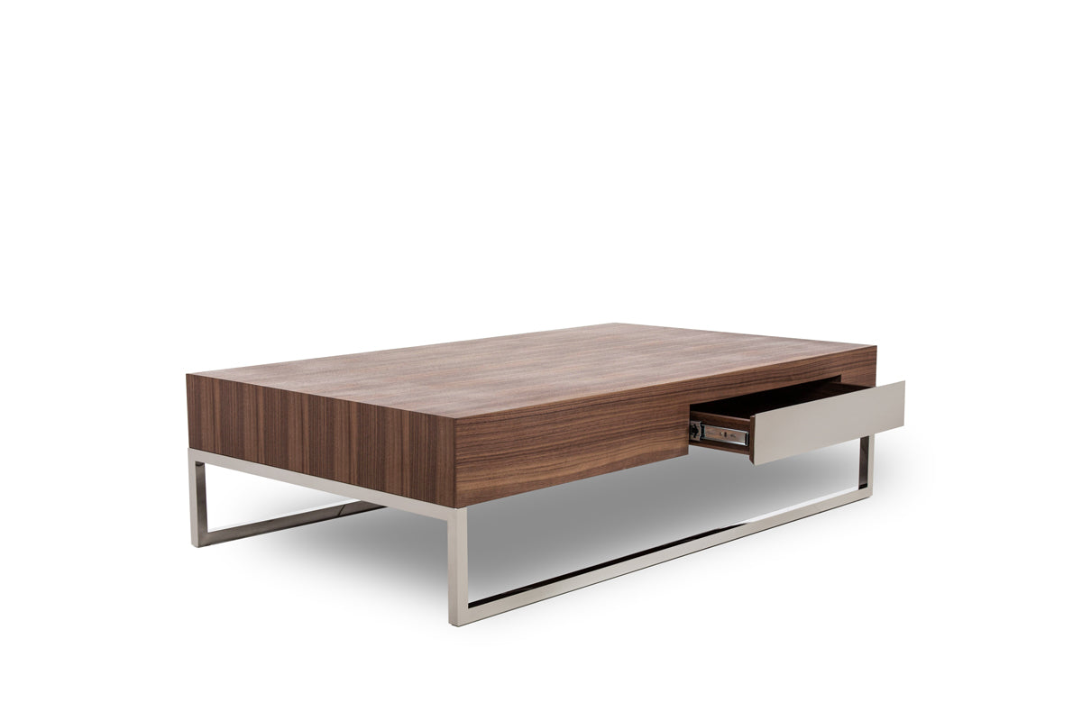 HomeRoots 13" Veneer Steel and Glass Coffee Table in Walnut Finish