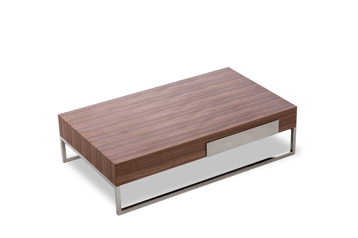 HomeRoots 13" Veneer Steel and Glass Coffee Table in Walnut Finish