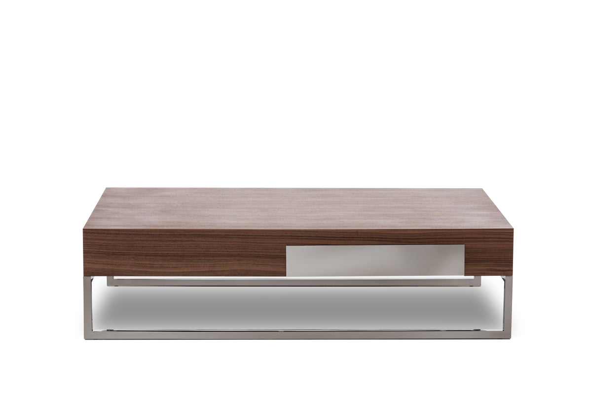 HomeRoots 13" Veneer Steel and Glass Coffee Table in Walnut Finish