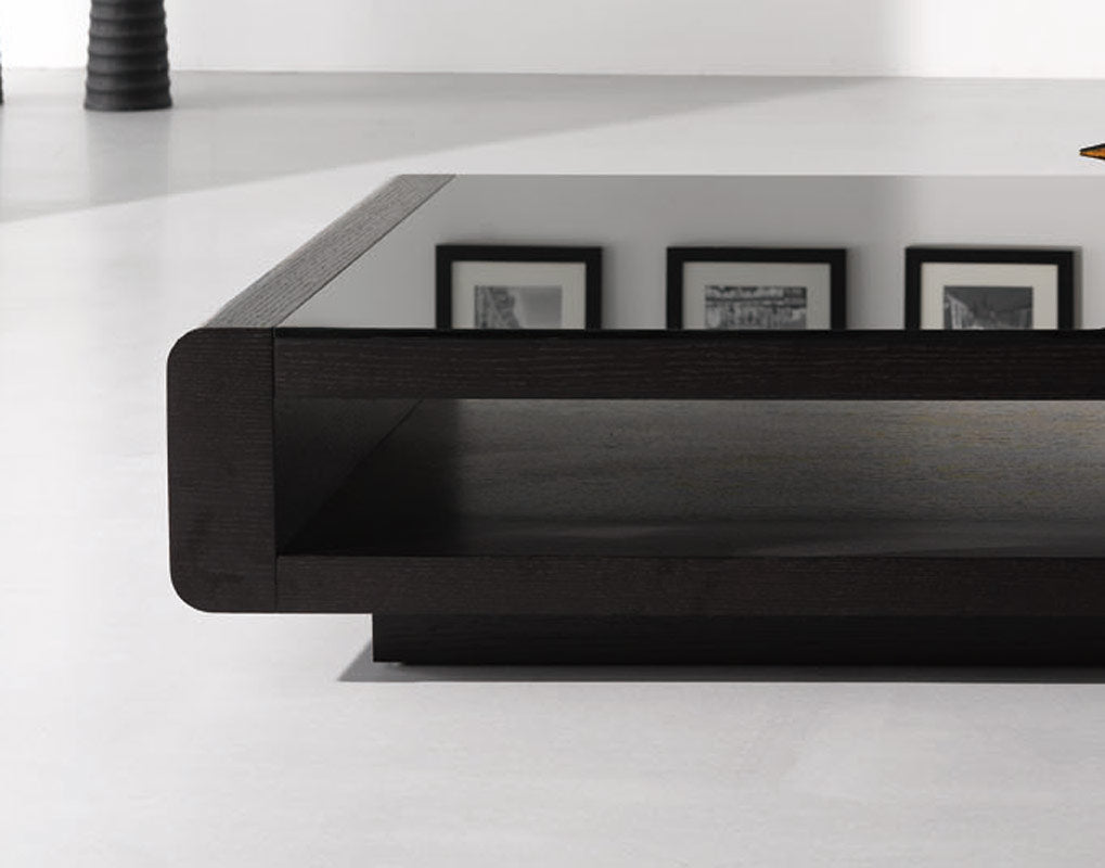 HomeRoots 13" Veneer and Glass Coffee Table in Black Oak Finish