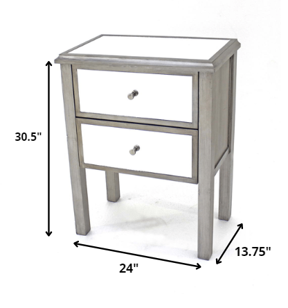 HomeRoots 13.75" x 24" x 30.5" Coastal Mirrored End Table With 2 Drawers in Silver Finish