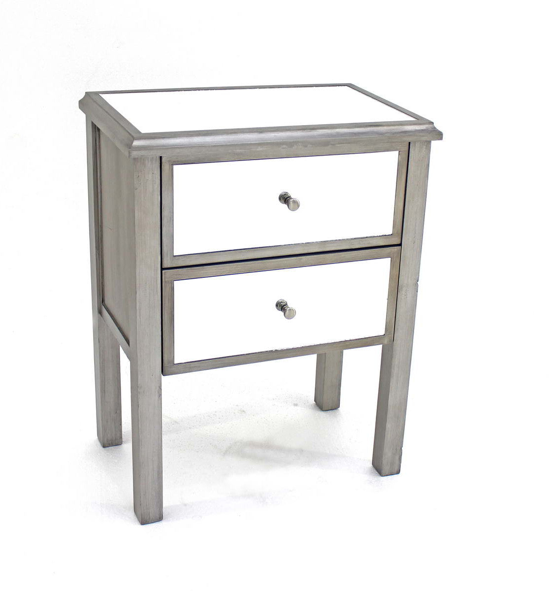 HomeRoots 13.75" x 24" x 30.5" Coastal Mirrored End Table With 2 Drawers in Silver Finish