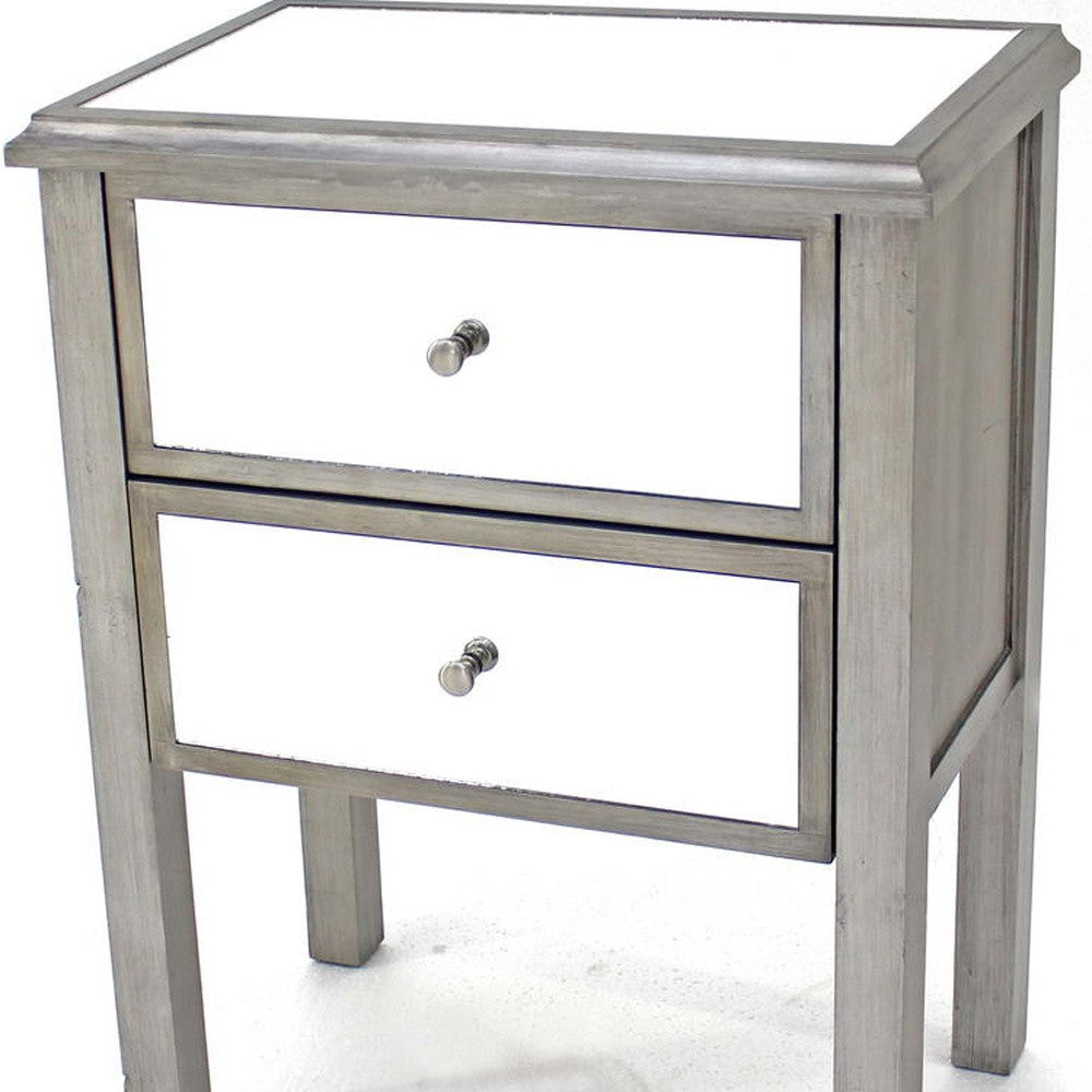 HomeRoots 13.75" x 24" x 30.5" Coastal Mirrored End Table With 2 Drawers in Silver Finish