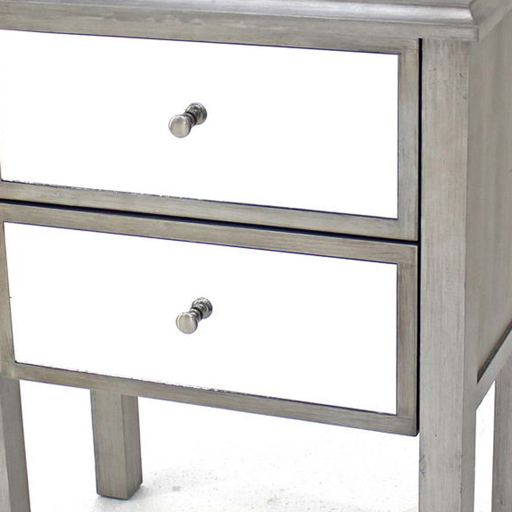 HomeRoots 13.75" x 24" x 30.5" Coastal Mirrored End Table With 2 Drawers in Silver Finish