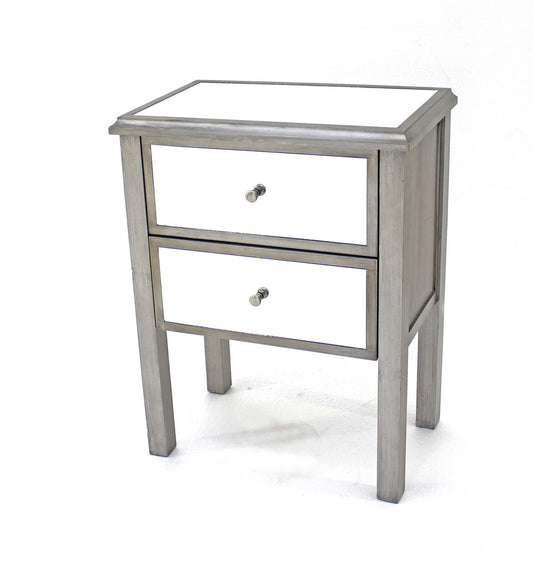 HomeRoots 13.75" x 24" x 30.5" Coastal Mirrored End Table With 2 Drawers in Silver Finish