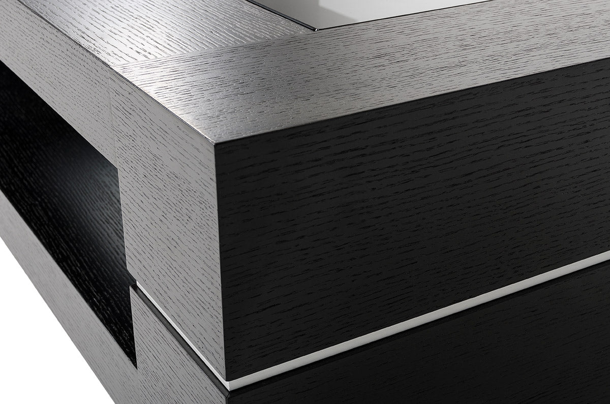 HomeRoots 14" Black Oak Veneer and Glass Coffee Table