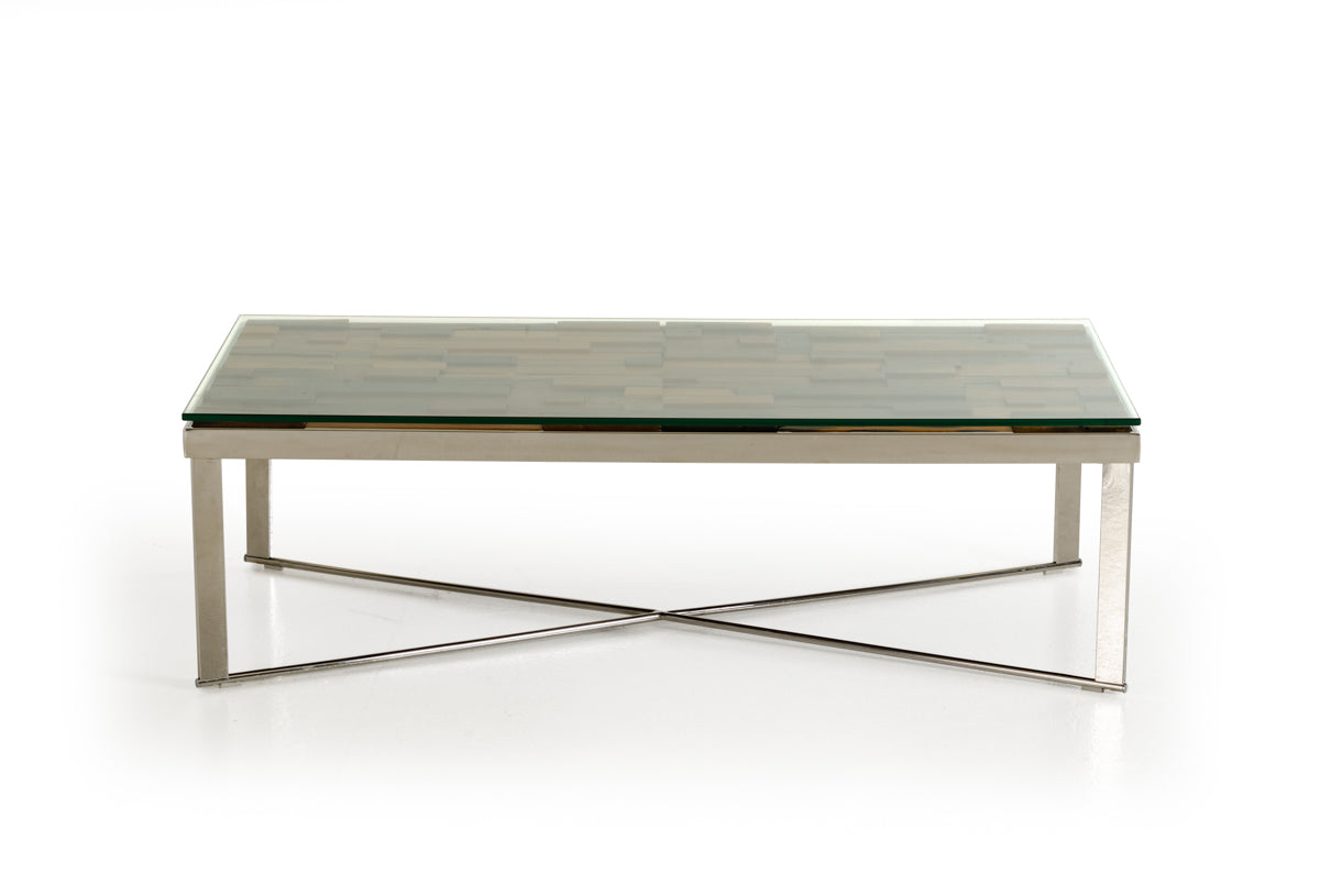 HomeRoots 14" Mosaic Wood Glass and Steel Coffee Table