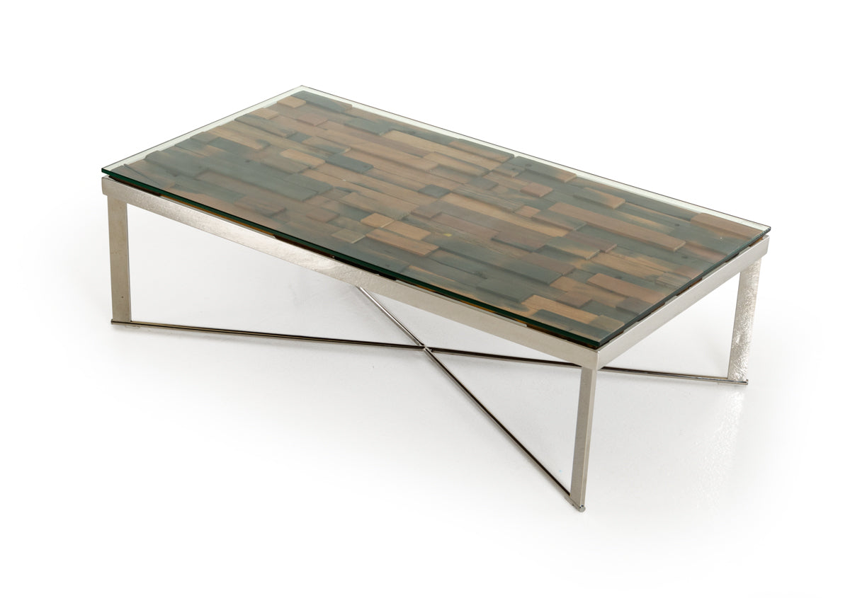 HomeRoots 14" Mosaic Wood Glass and Steel Coffee Table