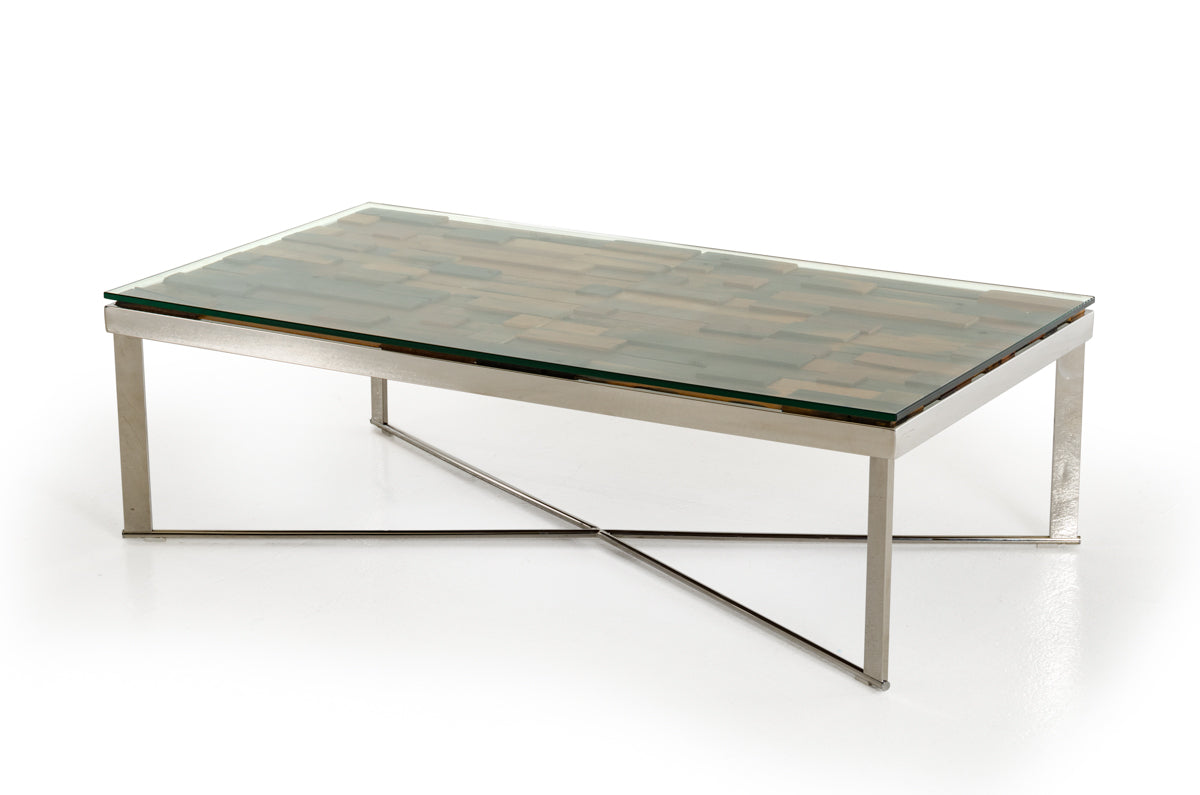 HomeRoots 14" Mosaic Wood Glass and Steel Coffee Table