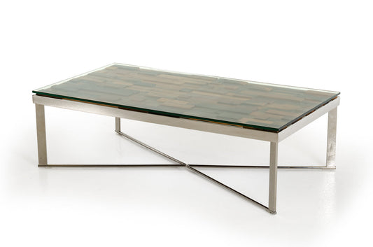HomeRoots 14" Mosaic Wood Glass and Steel Coffee Table