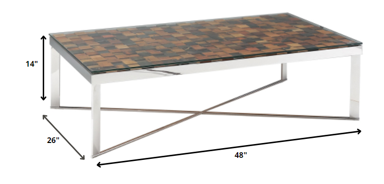 HomeRoots 14" Mosaic Wood Steel and Glass Coffee Table