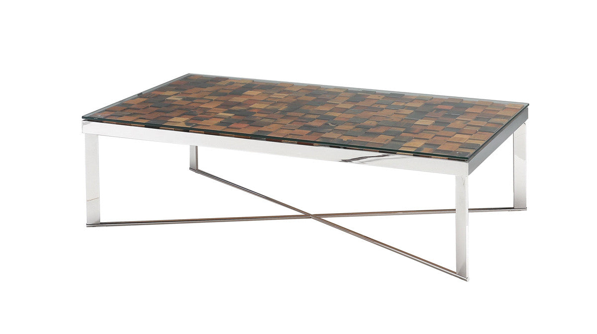 HomeRoots 14" Mosaic Wood Steel and Glass Coffee Table
