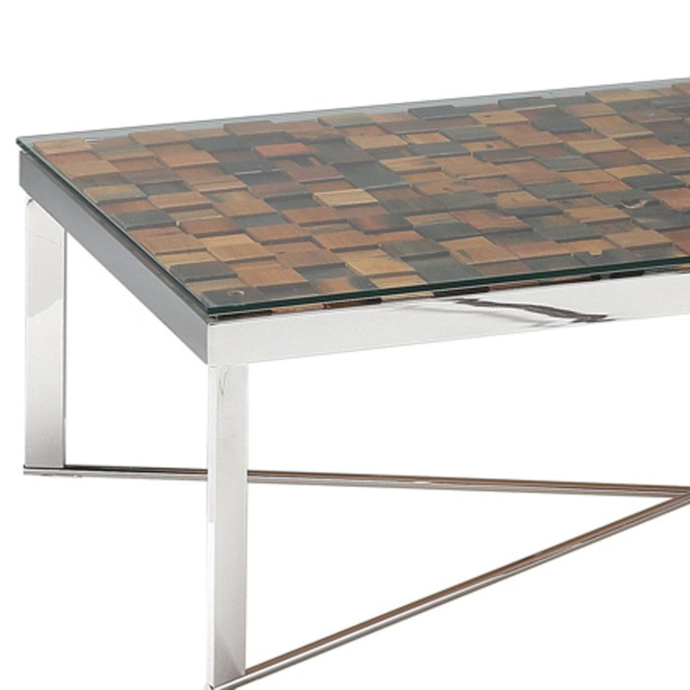 HomeRoots 14" Mosaic Wood Steel and Glass Coffee Table